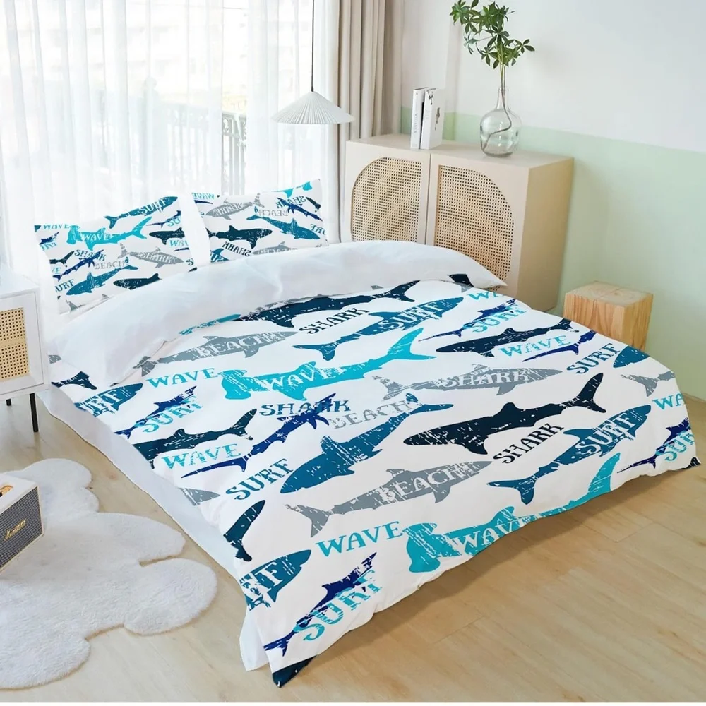 Shark Fish Print Kids Duvet Cover Set King Bedding Cover Set Boys Girls Duvet